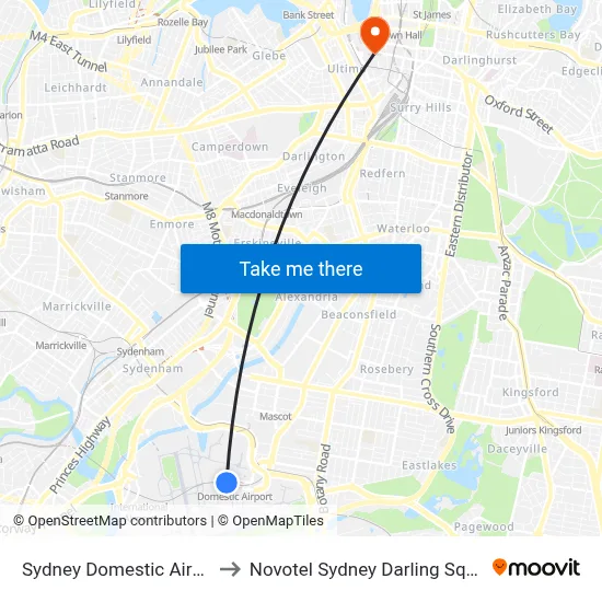 Sydney Domestic Airport to Novotel Sydney Darling Square map