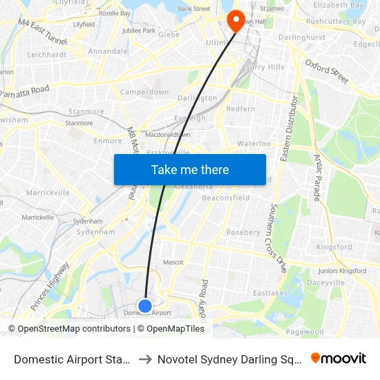 Domestic Airport Station to Novotel Sydney Darling Square map