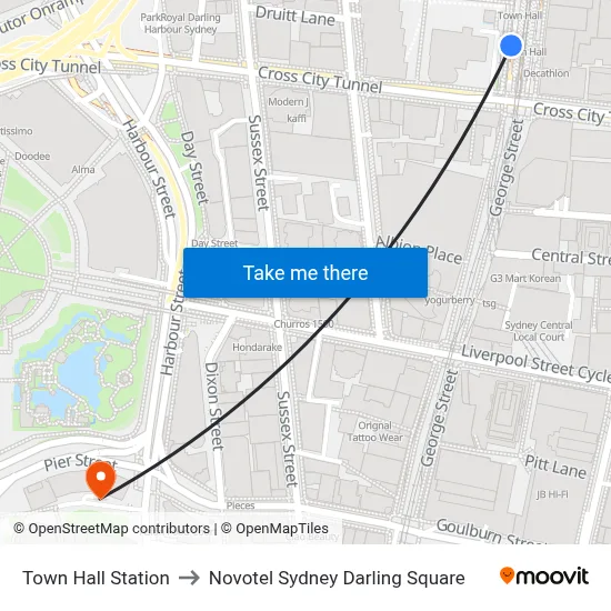 Town Hall Station to Novotel Sydney Darling Square map