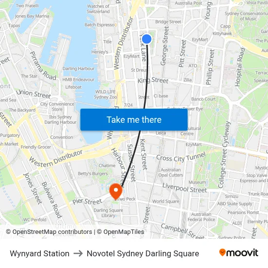 Wynyard Station to Novotel Sydney Darling Square map