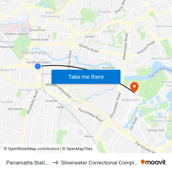Parramatta Station to Silverwater Correctional Complex map