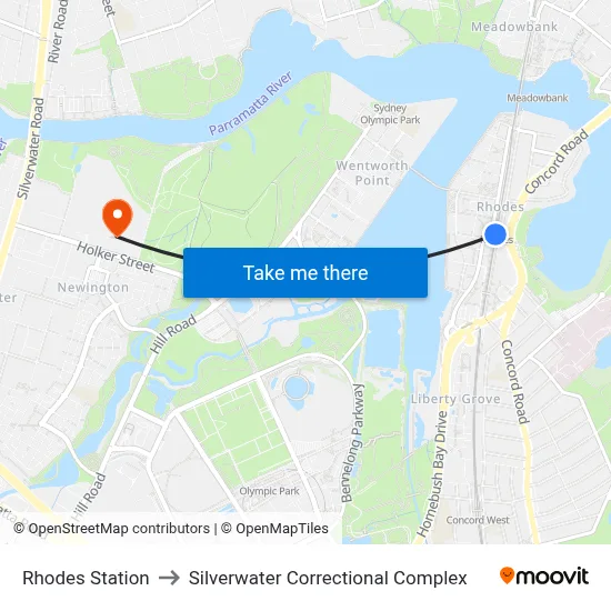 Rhodes Station to Silverwater Correctional Complex map
