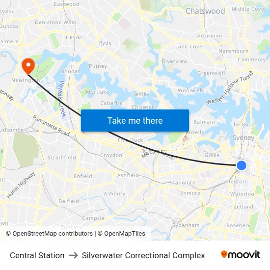 Central Station to Silverwater Correctional Complex map