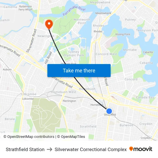 Strathfield Station to Silverwater Correctional Complex map