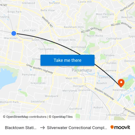 Blacktown Station to Silverwater Correctional Complex map