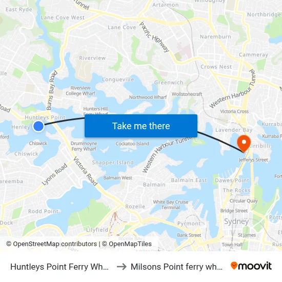 Huntleys Point Ferry Wharf to Milsons Point ferry wharf map