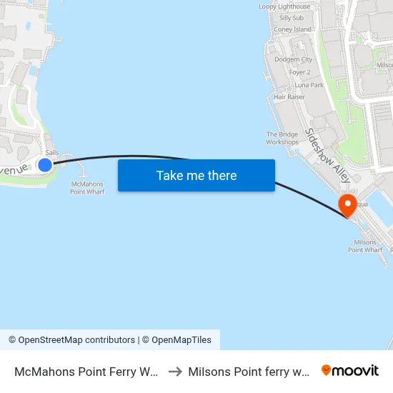 McMahons Point Ferry Wharf to Milsons Point ferry wharf map
