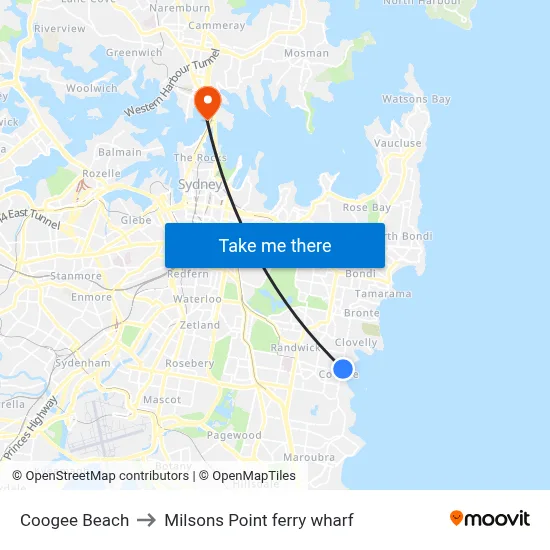 Coogee Beach to Milsons Point ferry wharf map