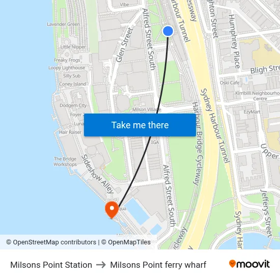 Milsons Point Station to Milsons Point ferry wharf map