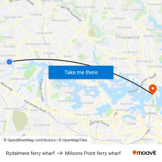Rydalmere ferry wharf to Milsons Point ferry wharf map