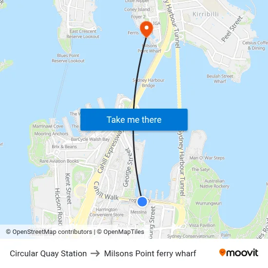 Circular Quay Station to Milsons Point ferry wharf map