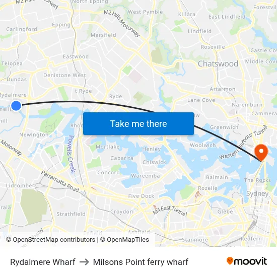 Rydalmere Wharf to Milsons Point ferry wharf map