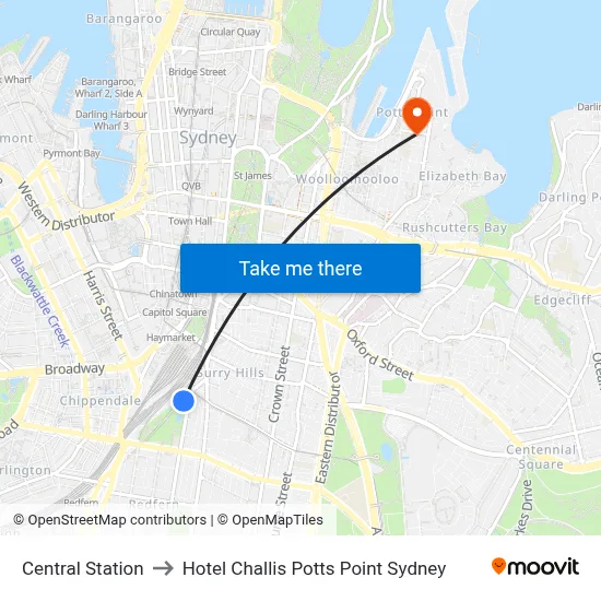 Central Station to Hotel Challis Potts Point Sydney map