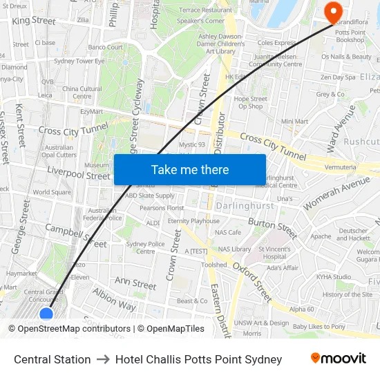 Central Station to Hotel Challis Potts Point Sydney map