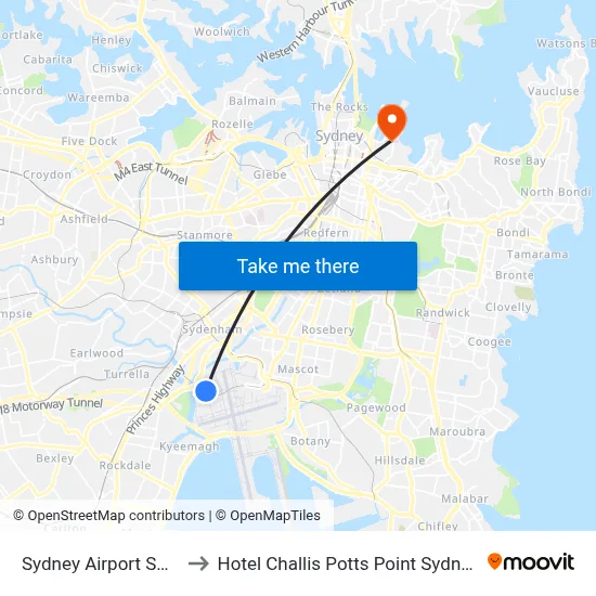 Sydney Airport SYD to Hotel Challis Potts Point Sydney map