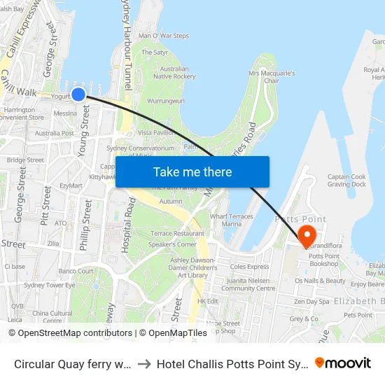 Circular Quay ferry wharf to Hotel Challis Potts Point Sydney map