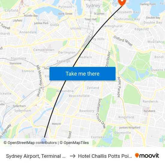 Sydney Airport, Terminal 3 Domestic to Hotel Challis Potts Point Sydney map
