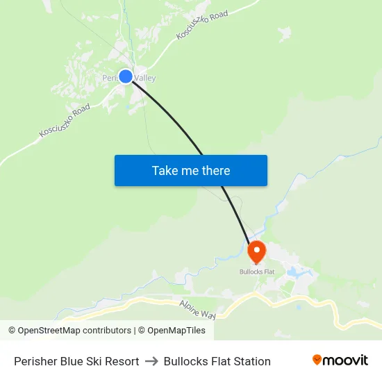 Perisher Blue Ski Resort to Bullocks Flat Station map