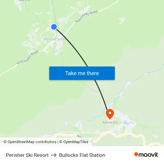 Perisher Ski Resort to Bullocks Flat Station map