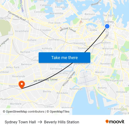 Sydney Town Hall to Beverly Hills Station map
