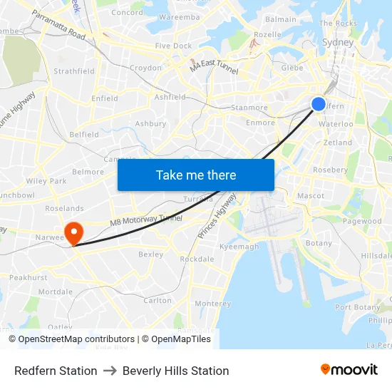 Redfern Station to Beverly Hills Station map