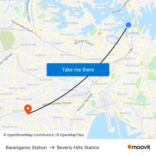 Barangaroo Station to Beverly Hills Station map