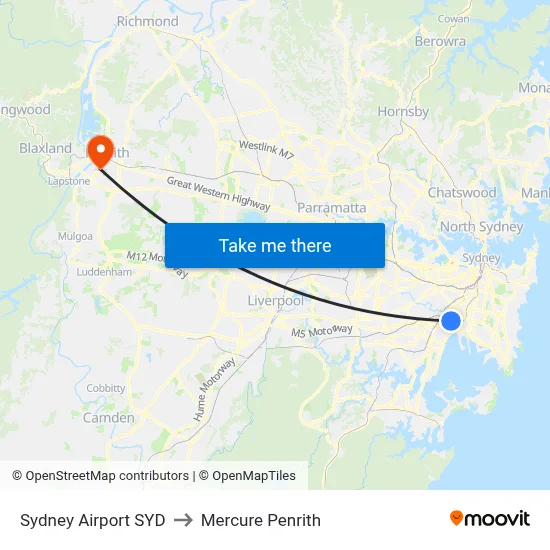 Sydney Airport SYD to Mercure Penrith map