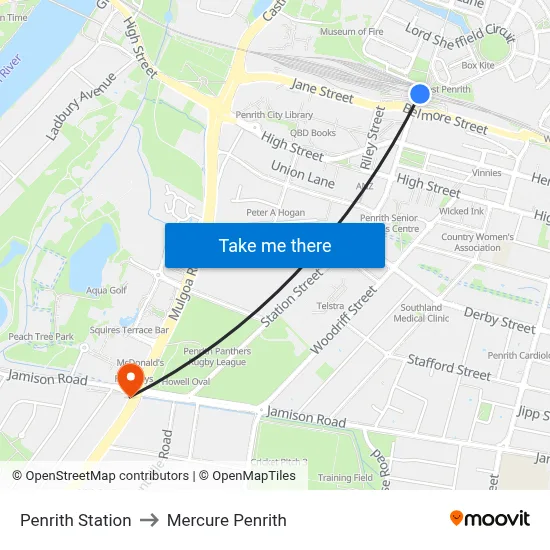 Penrith Station to Mercure Penrith map
