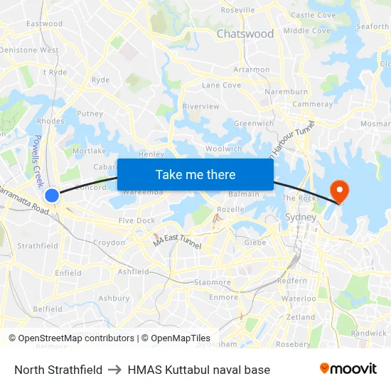North Strathfield to HMAS Kuttabul naval base map