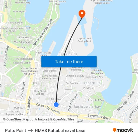 Potts Point to HMAS Kuttabul naval base map