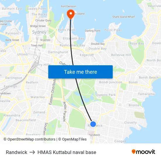 Randwick to HMAS Kuttabul naval base map