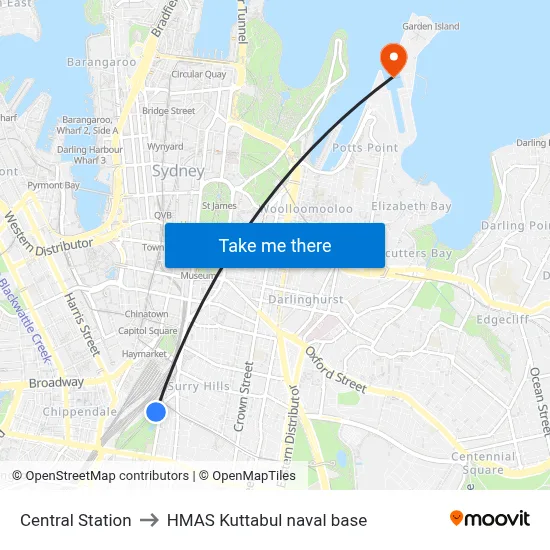 Central Station to HMAS Kuttabul naval base map