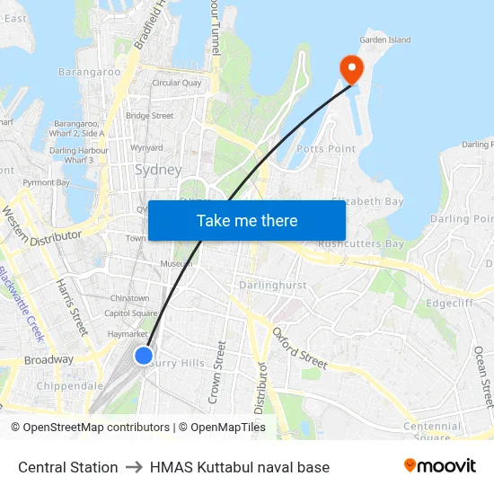 Central Station to HMAS Kuttabul naval base map