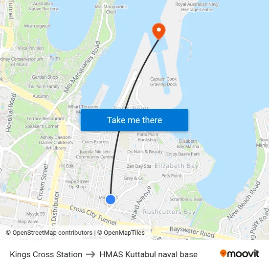 Kings Cross Station to HMAS Kuttabul naval base map