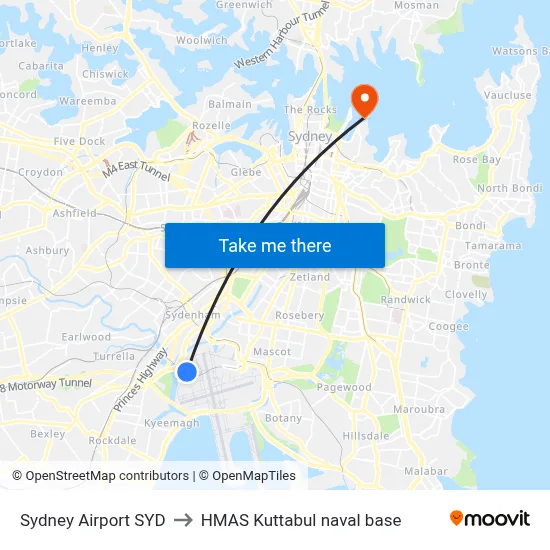 Sydney Airport SYD to HMAS Kuttabul naval base map