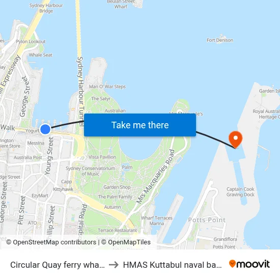 Circular Quay ferry wharf to HMAS Kuttabul naval base map