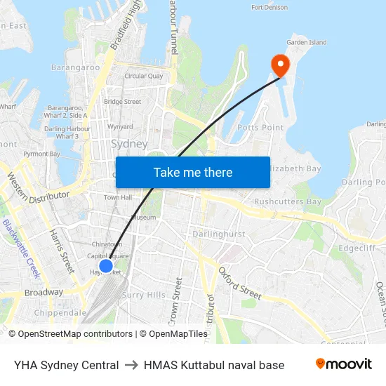 YHA Sydney Central to HMAS Kuttabul naval base map