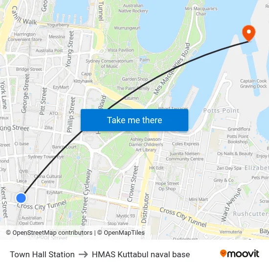 Town Hall Station to HMAS Kuttabul naval base map