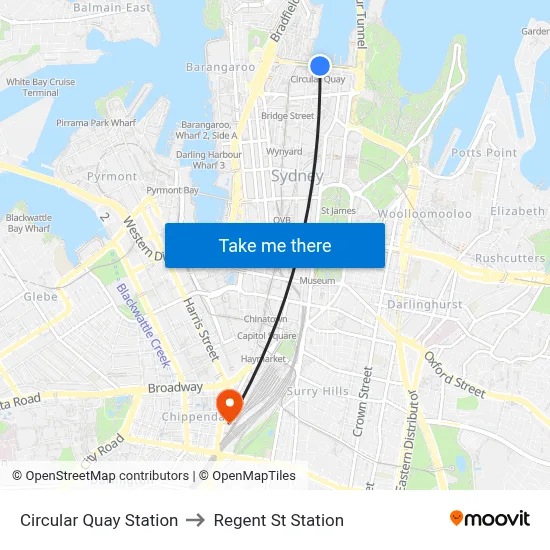 Circular Quay Station to Regent St Station map