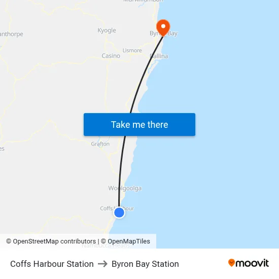 Coffs Harbour Station to Byron Bay Station map