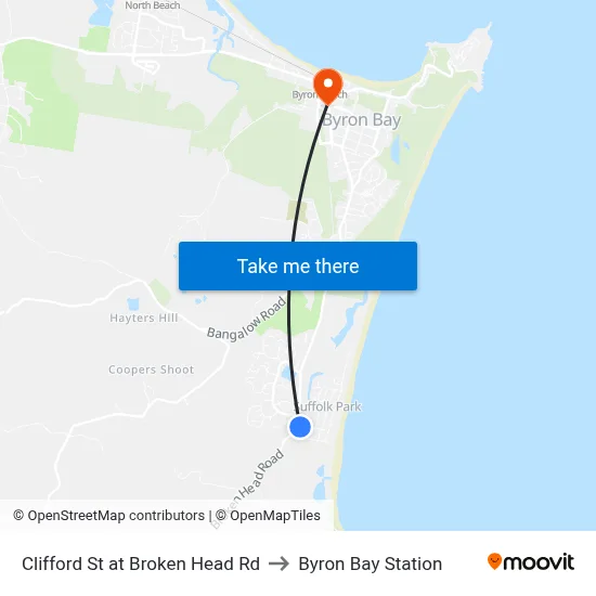 Clifford St at Broken Head Rd to Byron Bay Station map