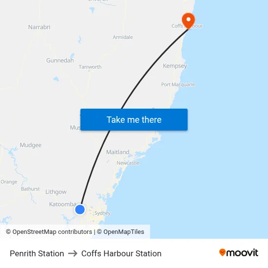 Penrith Station to Coffs Harbour Station map