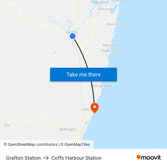 Grafton Station to Coffs Harbour Station map