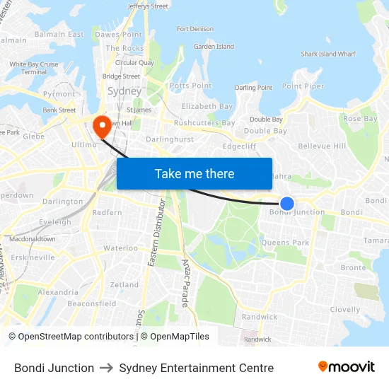 Bondi Junction to Sydney Entertainment Centre map