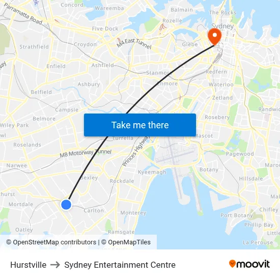 Hurstville to Sydney Entertainment Centre map