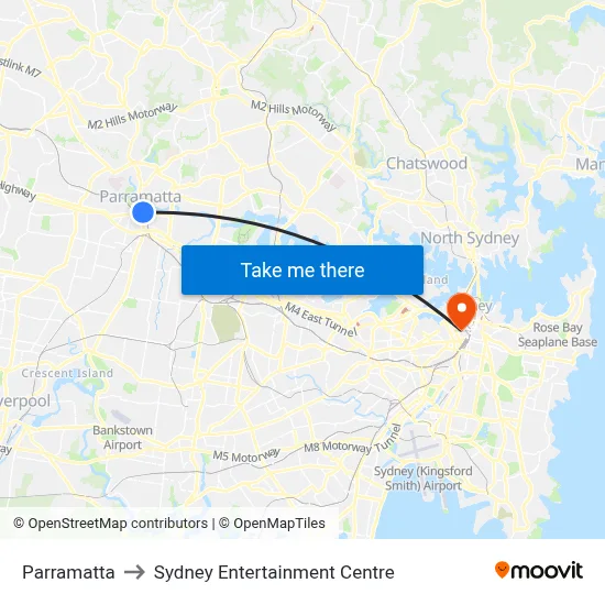 Parramatta to Sydney Entertainment Centre map