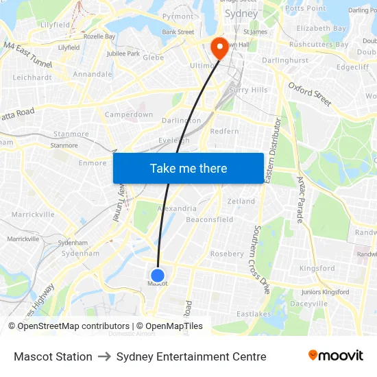 Mascot Station to Sydney Entertainment Centre map