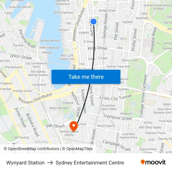 Wynyard Station to Sydney Entertainment Centre map