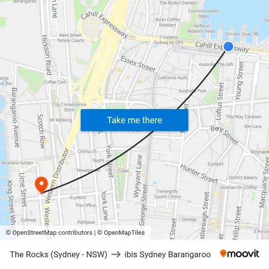 The Rocks (Sydney - NSW) to ibis Sydney Barangaroo map
