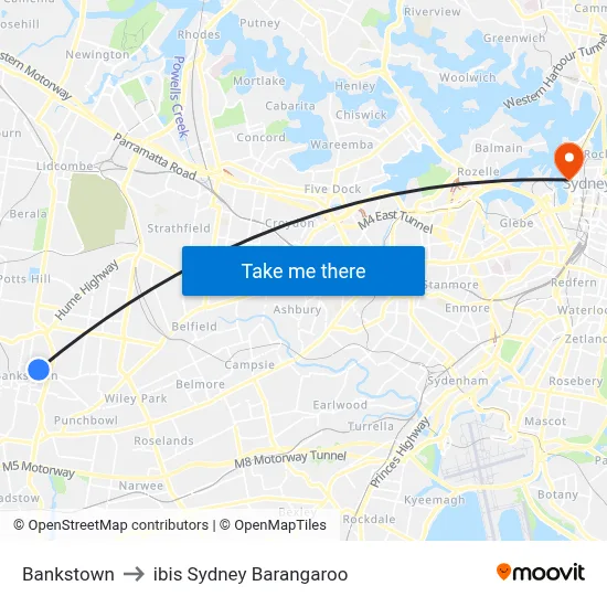 Bankstown to ibis Sydney Barangaroo map